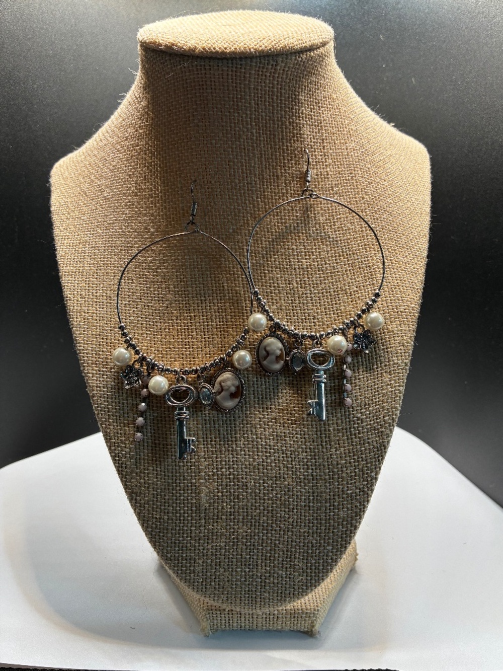 Large Silver-Tone Dangle Victorian Charmed Hoop Earrings
